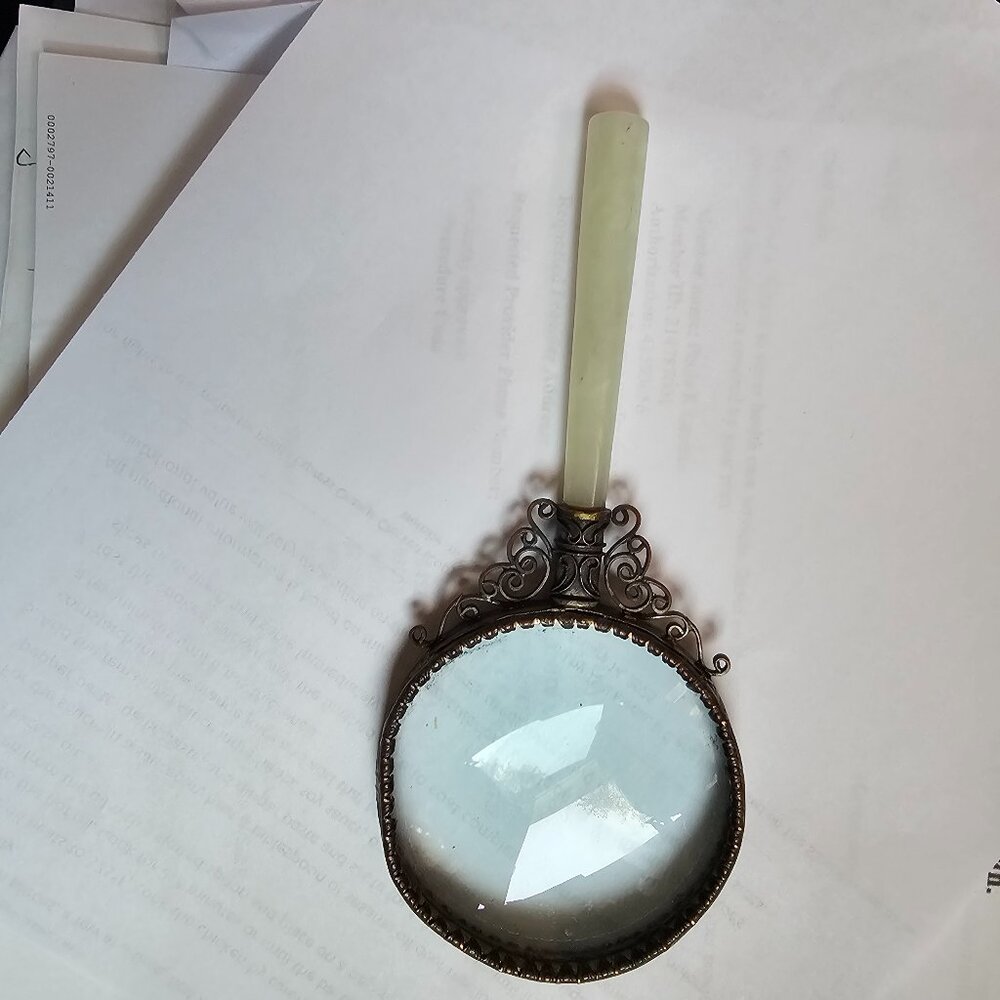 Vintage Chinese Brass Magnifying Glass with Jade Handle